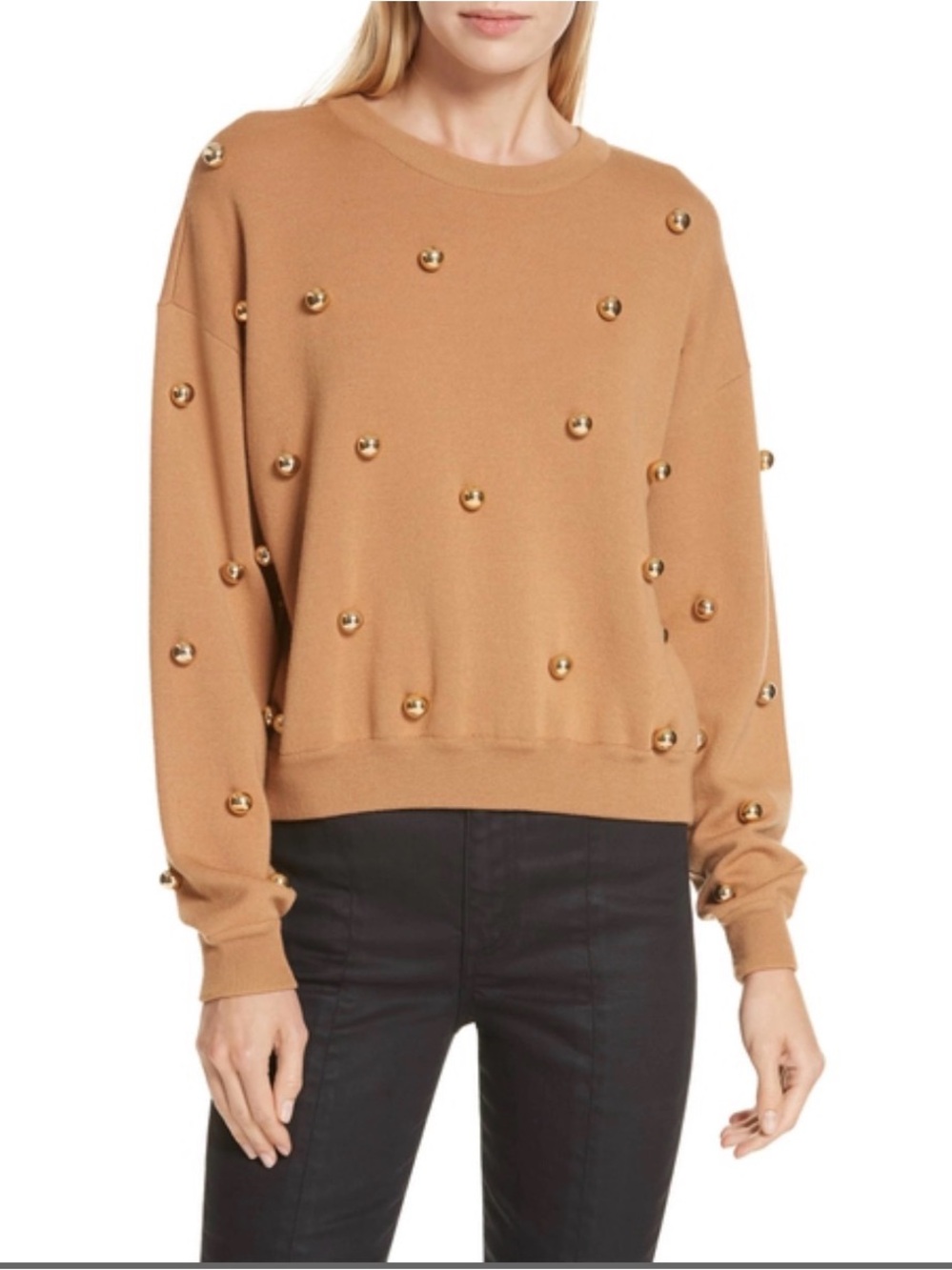 Alice + Olivia Camel Gold Stud Sweater — Cozy Glam Knit Gold Bead Embellishments